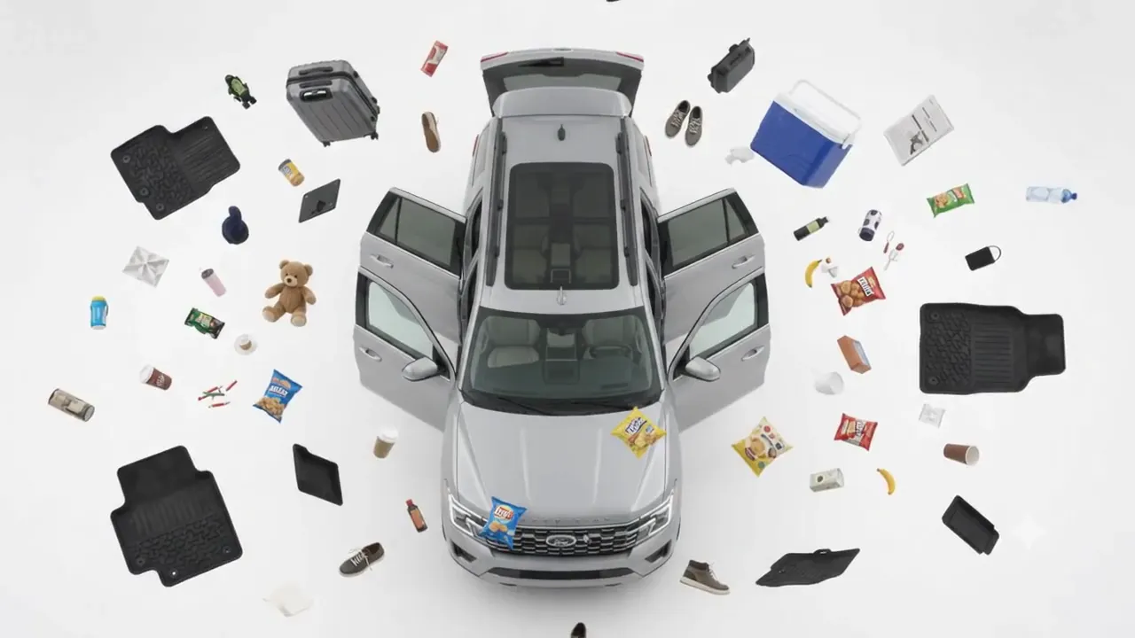 An SUV with its doors open and everything that was inside laid out around it